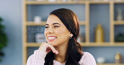 Buy stock photo Woman, happy and relax in home with thinking, daydreaming and excited for future. Girl, smile and peace in living room with reflection, satisfaction and brainstorming idea for weekend chill on break