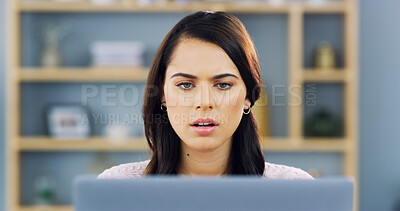 Buy stock photo Shock, news and woman on laptop in home for reading email, online article and website. Remote work, freelancer and person on computer with omg, surprise and wow for research, report and review