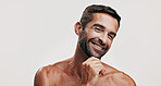 Portrait, beauty and man for skincare in studio of facial glow,  natural cosmetic and treatment results. Male person, smile and hair growth of grooming routine, dermatology shine and white background
