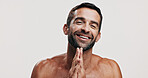 Portrait, proud and man for skincare in studio of facial glow,  natural cosmetic and treatment results. Male person, beauty and hair growth of grooming routine, dermatology shine and white background