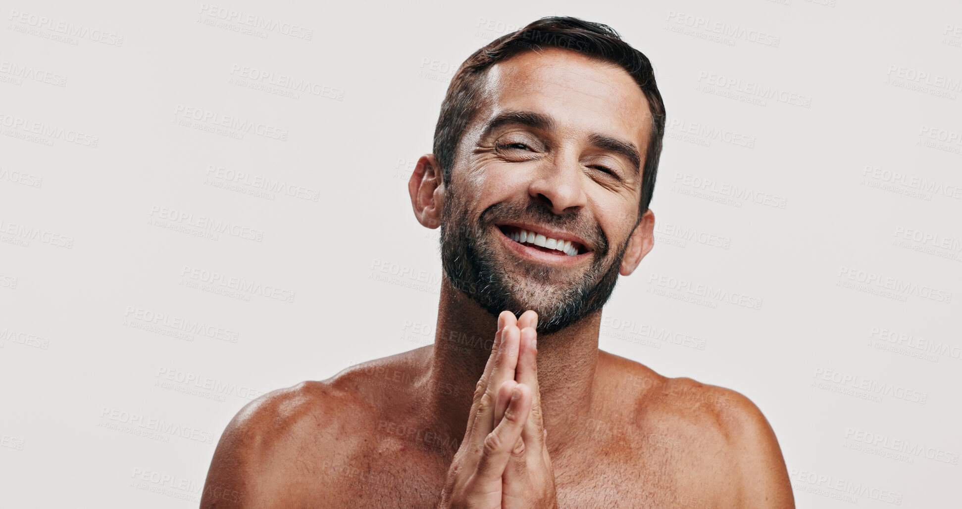 Buy stock photo Portrait, proud and man for skincare in studio of facial glow,  natural cosmetic and treatment results. Male person, beauty and hair growth of grooming routine, dermatology shine and white background