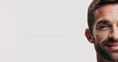 Buy stock photo Space, skincare or half portrait of man in studio for beauty glow, grooming face and dermatology. Cosmetics banner, male model and person on white background for facial treatment or results mockup