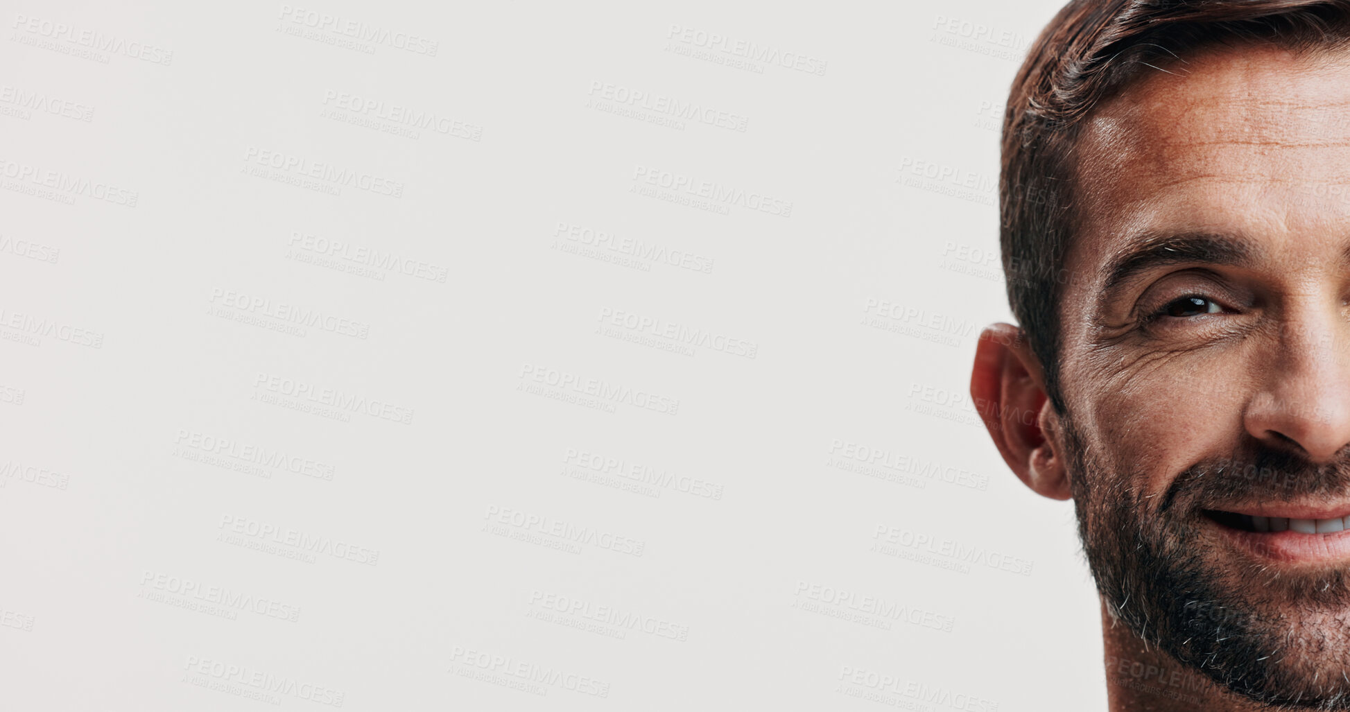 Buy stock photo Space, skincare or half portrait of man in studio for beauty glow, grooming face and dermatology. Cosmetics banner, male model and person on white background for facial treatment or results mockup