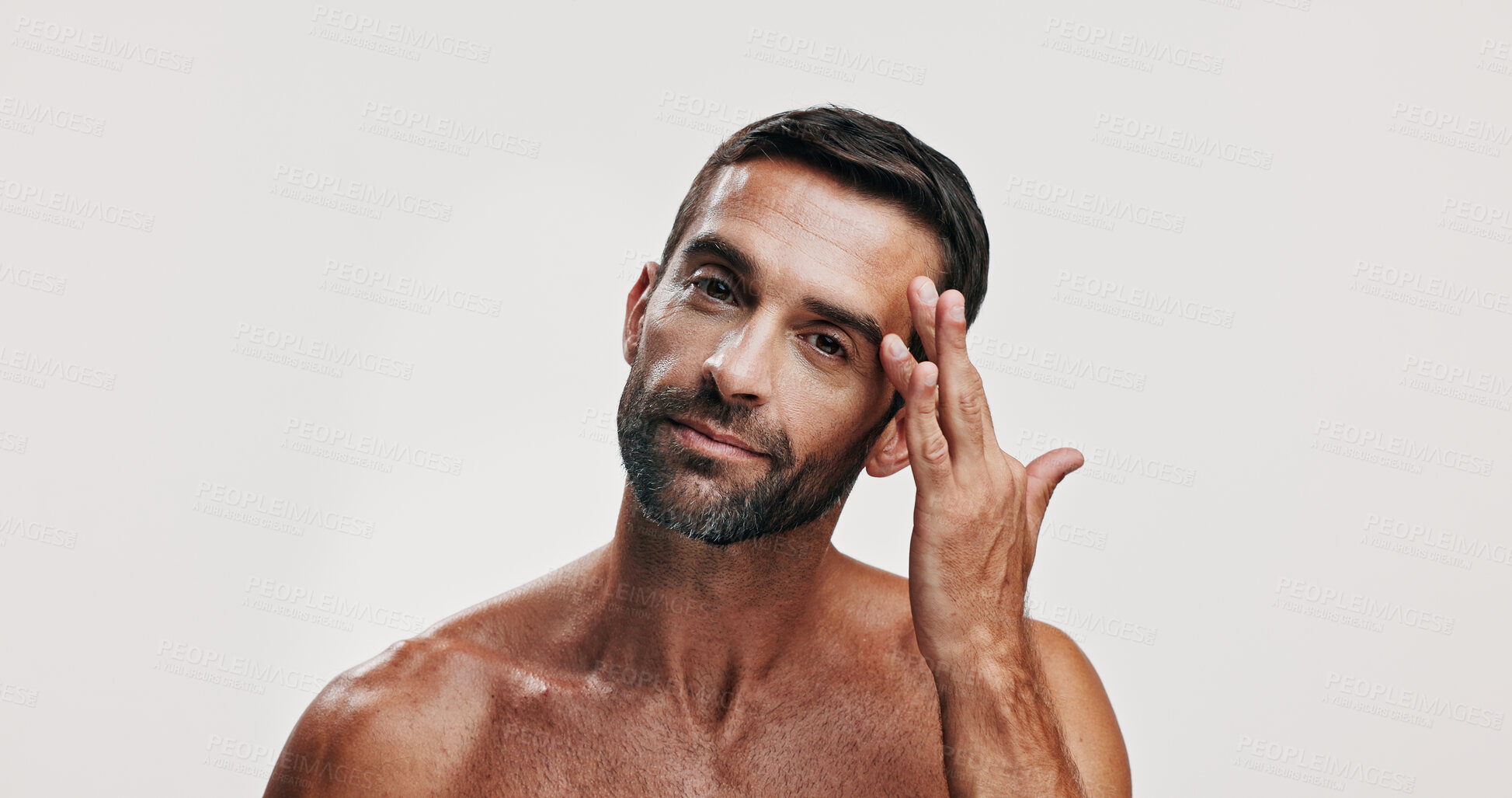 Buy stock photo Cosmetics, portrait and skincare with man in studio for antiaging treatment or dermatology. Aesthetic, beauty and wellness with confident model isolated on white background for self care routine