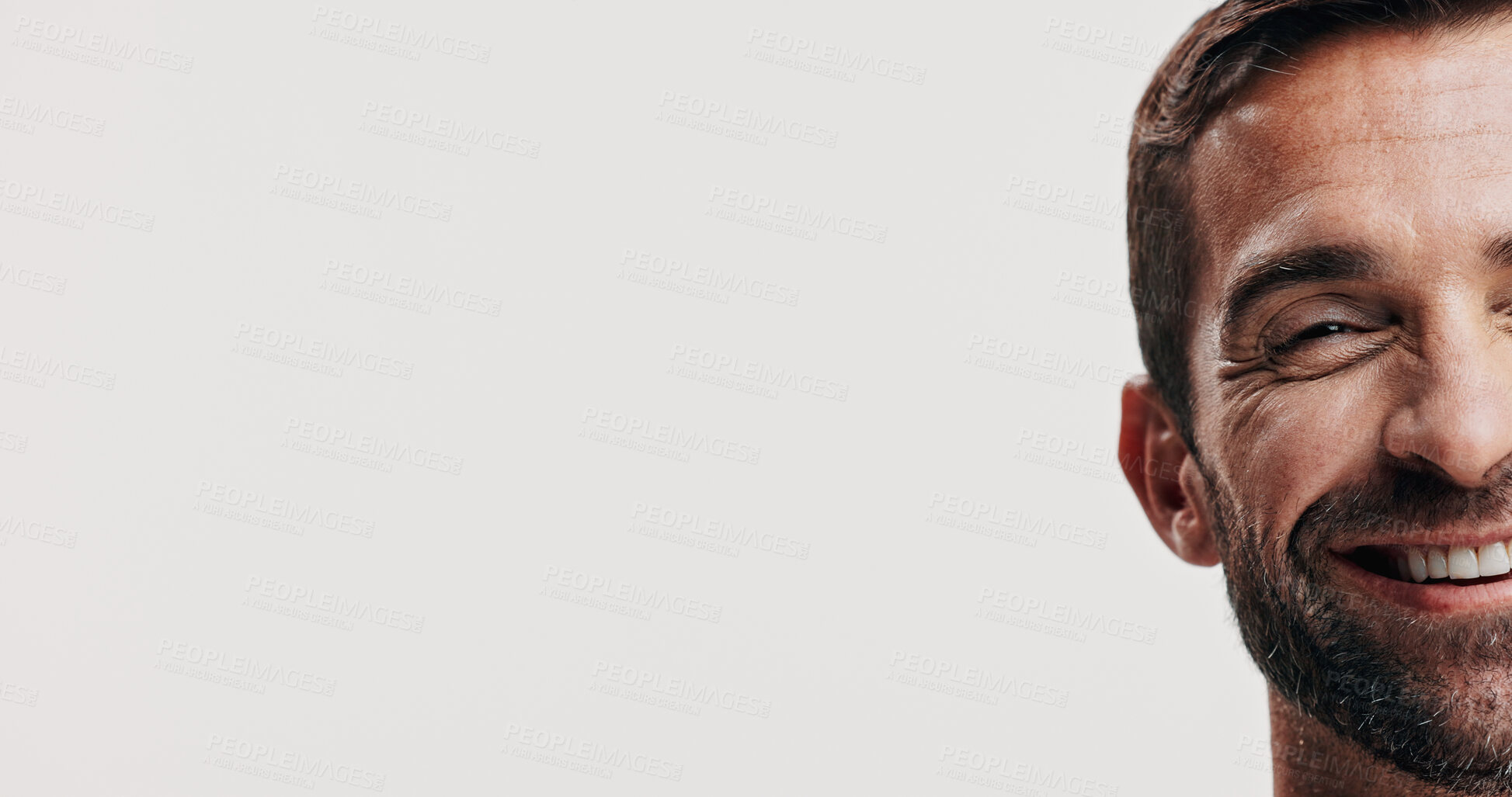 Buy stock photo Space, beauty or half portrait of man in studio for skincare glow, grooming or dermatology. Cosmetics banner, model and person on white background for facial treatment, satisfaction or results mockup