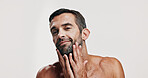 Portrait, man and check for skincare in studio of facial glow,  natural cosmetic and treatment results. Male person, beauty and hair growth of grooming routine, dermatology shine and white background