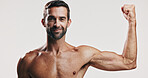 Muscles, flexing and portrait of man in studio with body building workout for fitness progress. Motivation, biceps and male person with strong arms for power training or exercise by white background.