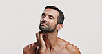Neck, reaction or man scratching in studio for beauty, body eczema or beard discomfort. Hygiene cosmetics, allergy or skincare model on white background for rash treatment, irritation or itchy skin