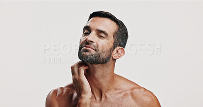 Buy stock photo Neck, reaction or man scratching in studio for beauty, body eczema or beard discomfort. Hygiene cosmetics, allergy or skincare model on white background for rash treatment, irritation or itchy skin