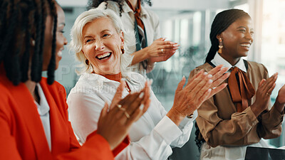 Buy stock photo Applause, happy and meeting with business women in office for workshop, success and celebration. Achievement, conference and winner with people clapping in seminar for agreement, bonus and profit