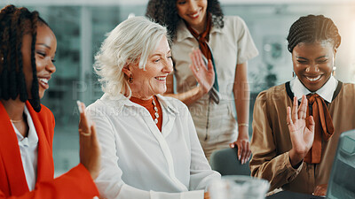 Buy stock photo Wave, video call and laptop with business people in office for online meeting, connection and webinar. Virtual conference, welcome and networking with women in agency for communication and greeting