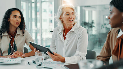 Buy stock photo Meeting, proposal and tablet with business women in boardroom of office for planning or strategy. Collaboration, decision or negotiation with boss and employee team at work for feedback or review