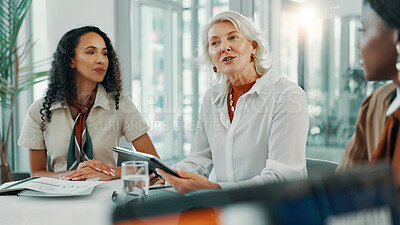 Buy stock photo Boardroom, meeting and tablet with business women in office together for planning or strategy. Collaboration, discussion and proposal with management team in workplace for feedback or review