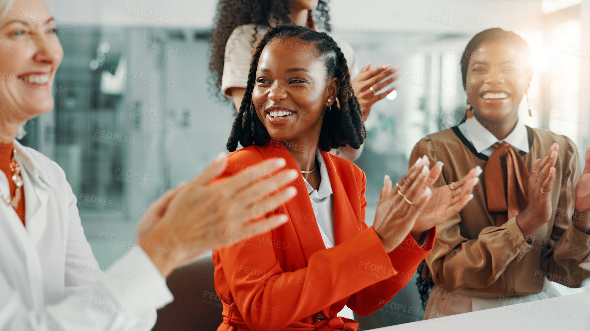 Buy stock photo Applause, winner and meeting with business women in office for workshop, success and celebration. Achievement, conference and support with people clapping in seminar for agreement, bonus and profit