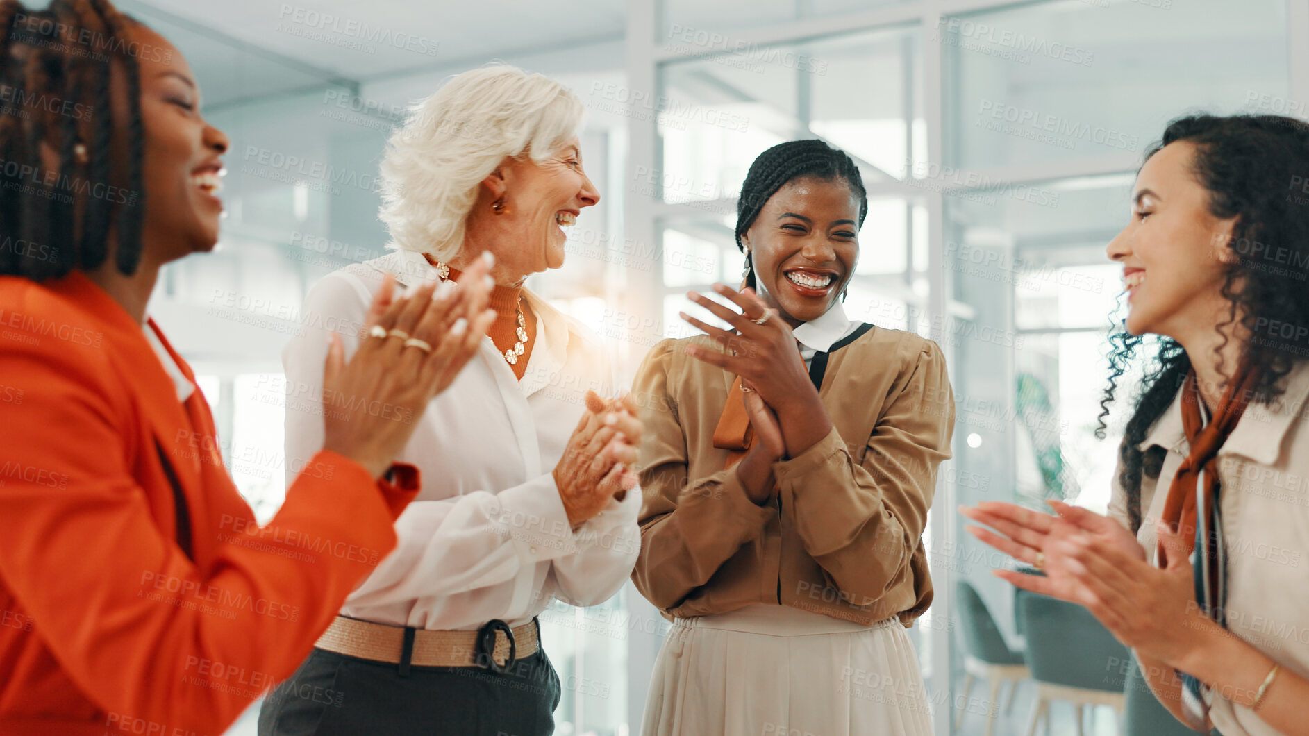 Buy stock photo Applause, teamwork and support with business women for success, solidarity and deal. Agreement, bonus and collaboration with people clapping hands in office for community, meeting and partnership