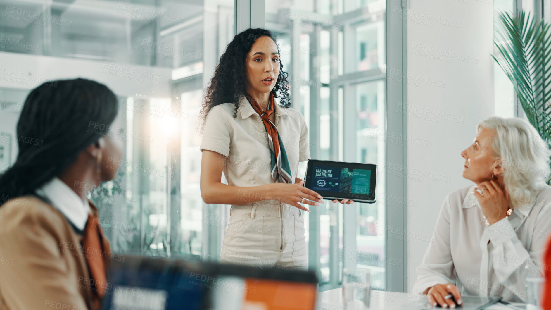 Buy stock photo Presentation, collaboration and women with tablet, business or robotic process automation or screen. Boardroom, machine learning and meeting for current trends on tech, talking or update of AI system