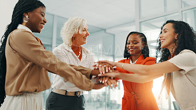 Buy stock photo Hands together, teamwork and support with business women for success, solidarity and deal. Agreement, bonus and collaboration with group of people in office for community, meeting and partnership