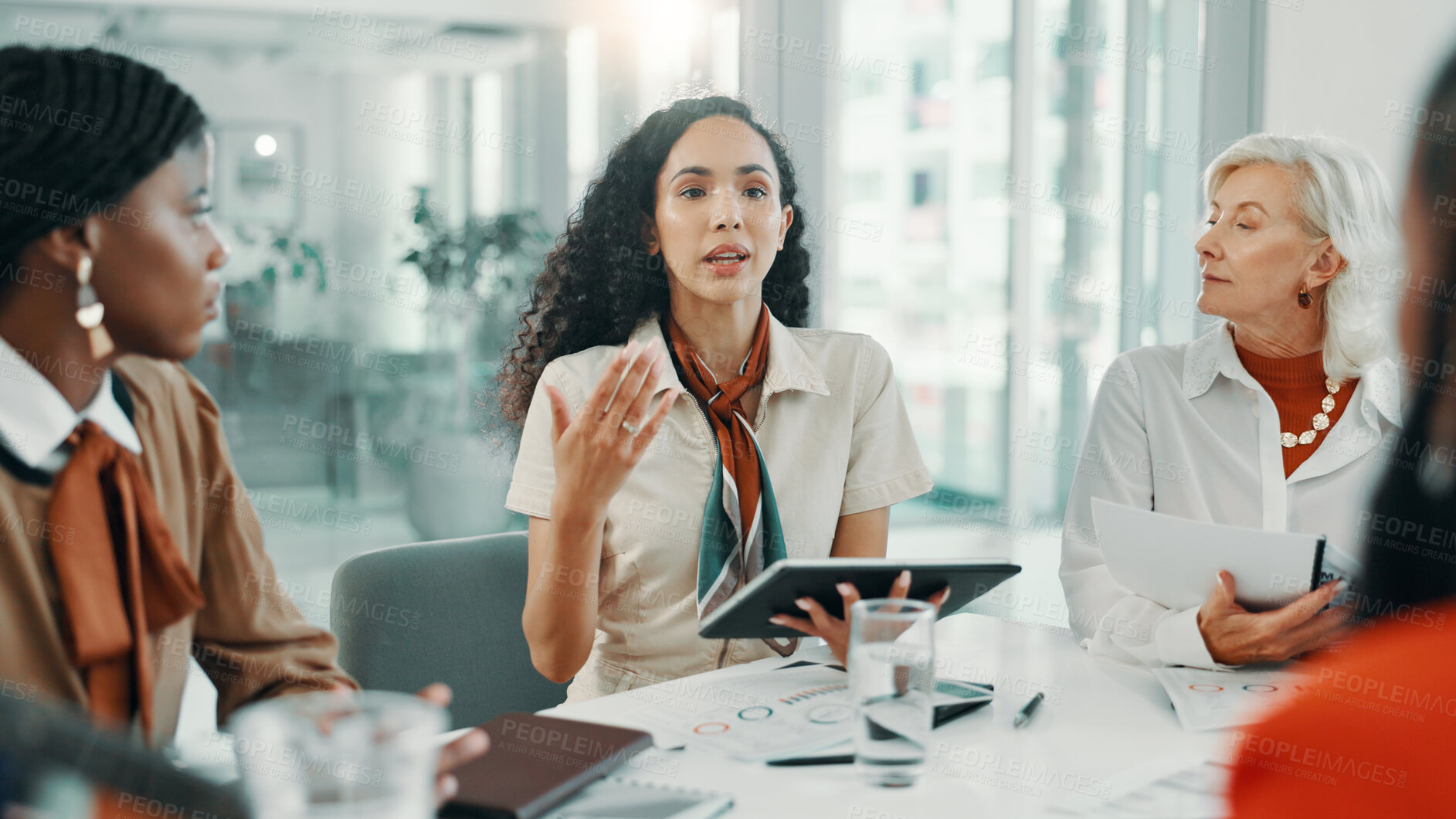 Buy stock photo Meeting, schedule and tablet with business women in boardroom of office for planning or strategy. Agenda, collaboration and report with employee team in workplace for discussion or information review