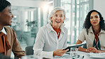 Meeting, review and tablet with business women in boardroom of office for planning or strategy. Collaboration, discussion and smile with happy employee team in workplace for agenda or feedback