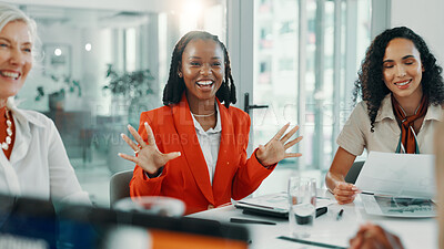 Buy stock photo Interview, meeting and onboarding with business women in boardroom of office for hiring or job opportunity. Discussion, negotiation and smile with happy employee team at work for candidate review
