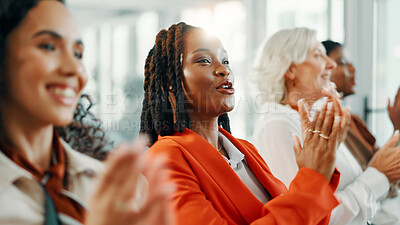 Buy stock photo Applause, celebration and meeting with business women in office for workshop, success and teamwork. Achievement, conference and winner with people clapping in seminar for agreement, bonus and profit