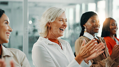 Buy stock photo Applause, laughing and meeting with business women in office for workshop, success and celebration. Achievement, happy and winner with people clapping in seminar for agreement, bonus and profit