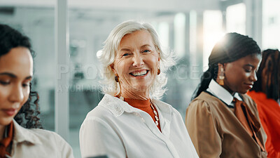 Buy stock photo Office, meeting and businesswoman in portrait for convention, startup conference and smile with confidence. Audience, employees and mature consultant with happiness for training, skills and workshop