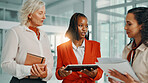 Documents, meeting and tablet with business women in lobby of office for planning or strategy. Collaboration, discussion or proposal with boss and employee team in workplace for feedback or review