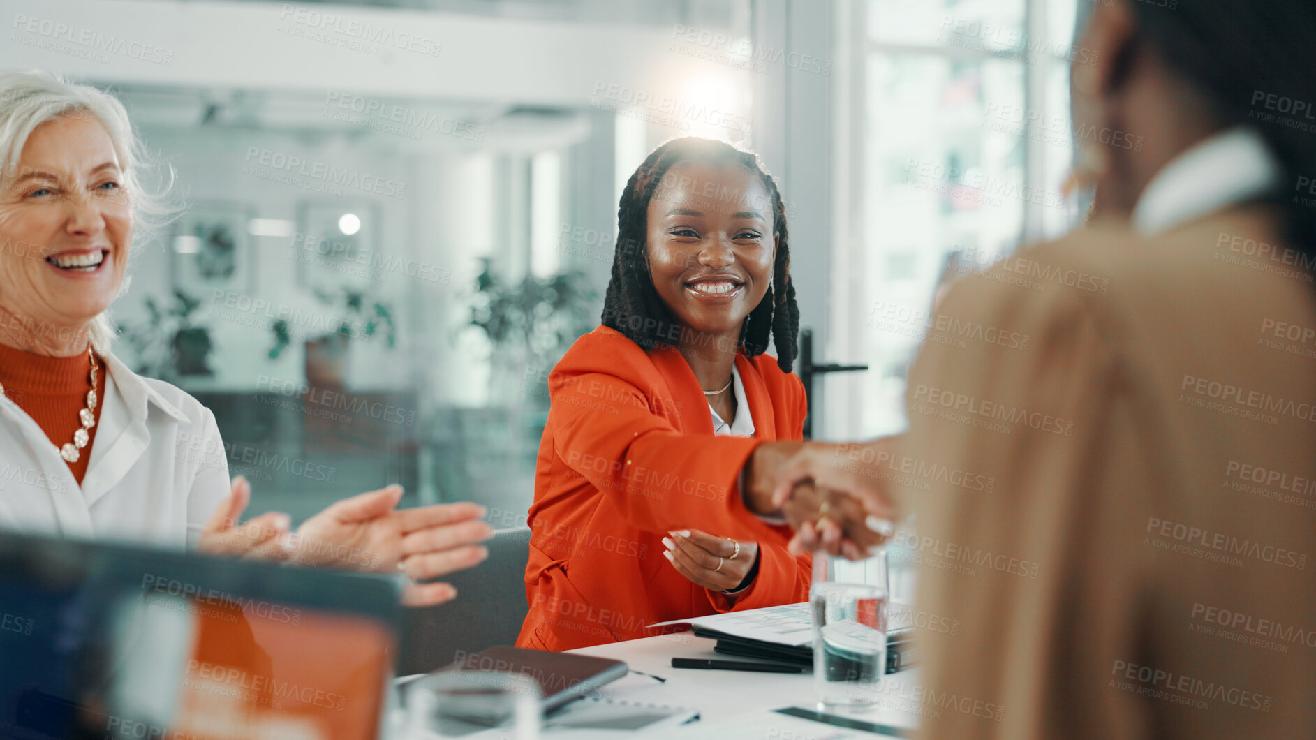 Buy stock photo Success, handshake and meeting with business women in office for workshop, welcome and celebration. Applause, introduction and winner with people clapping in seminar for agreement, bonus and deal