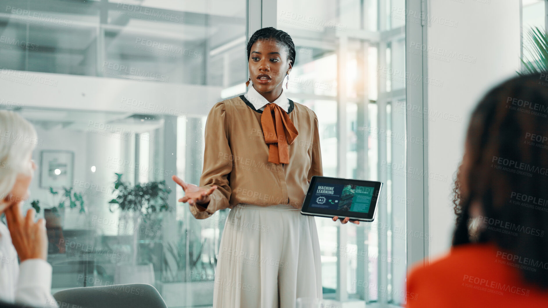 Buy stock photo Presentation, screen and women with tablet, boardroom and robotic process automation or colleagues. Business, machine learning and meeting for current trends on tech, talking and update of AI system