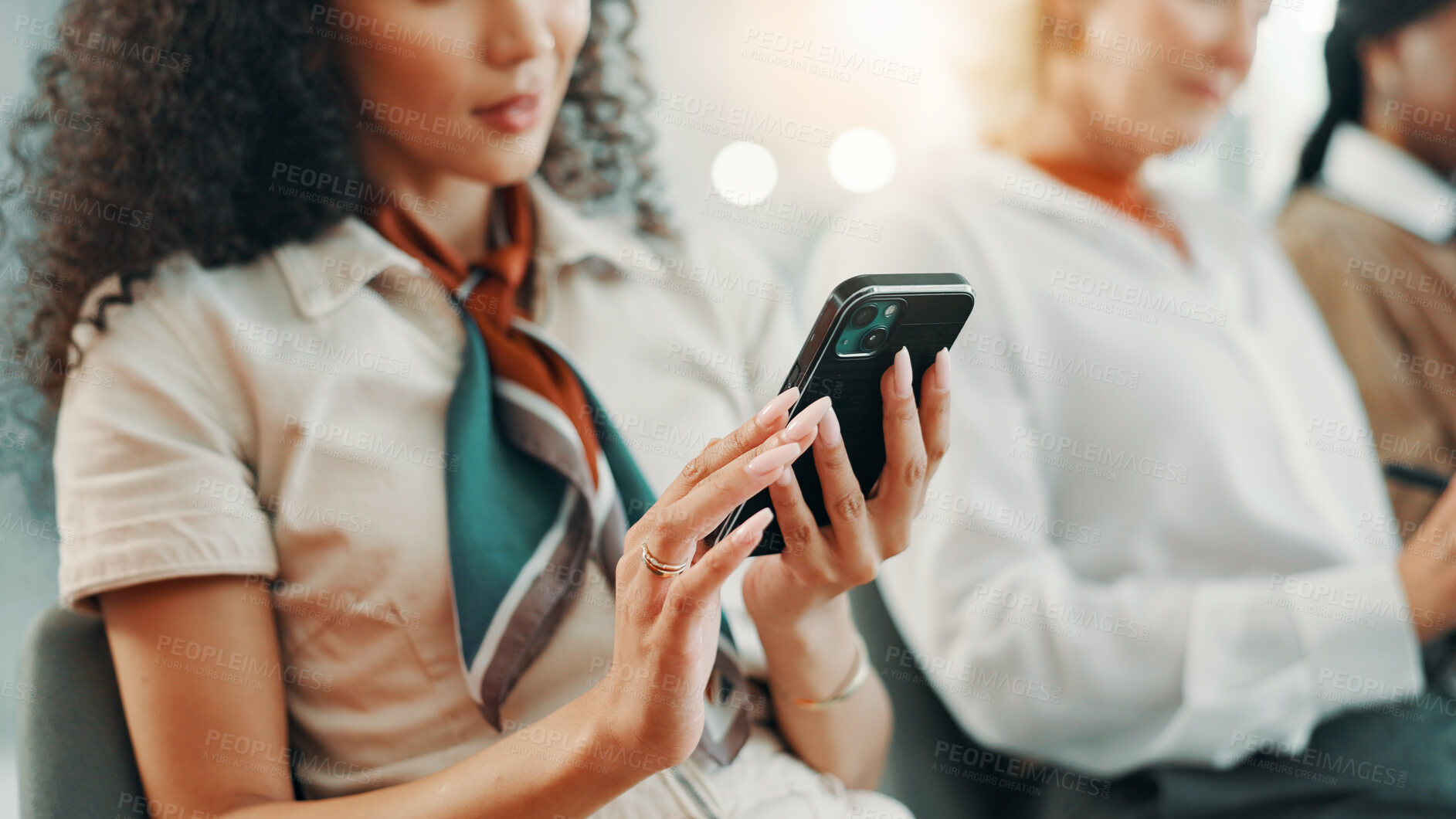 Buy stock photo Hands, smartphone and woman in office, research and monitoring social media performance or browsing. Digital, marketing manager and person with tech for website, scroll and campaign for business