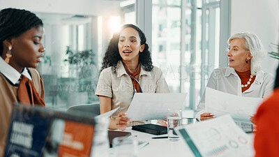Buy stock photo Documents, meeting and review with business women in boardroom of office for planning or strategy. Collaboration, discussion and schedule with employee team in workplace for feedback or proposal