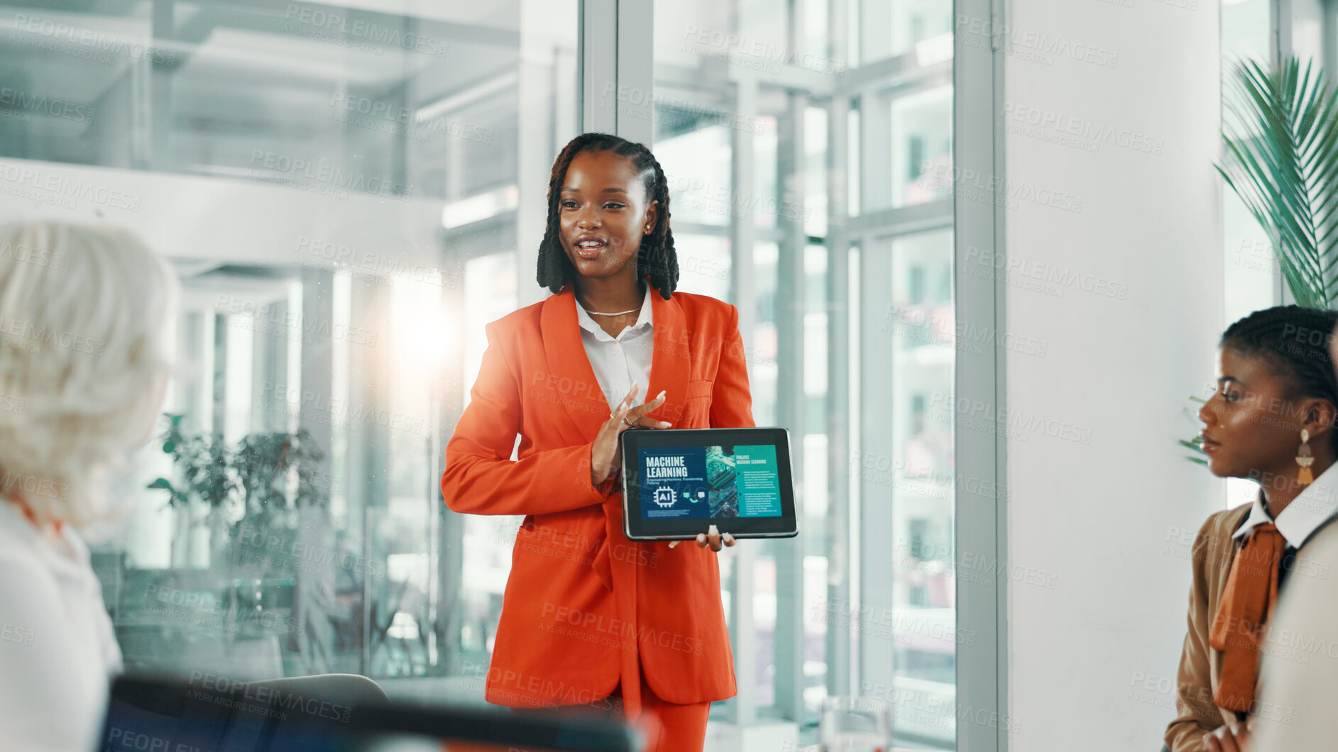 Buy stock photo Colleagues, online and women with tablet, boardroom and robotic process automation and collaboration. Business, machine learning and meeting for current trends on tech, screen or update of AI system