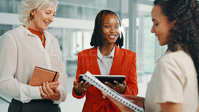 Buy stock photo Meeting, paperwork and tablet with business women in boardroom of office for planning or proposal. Collaboration, discussion and smile of happy manager with employee team in workplace for feedback