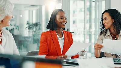 Buy stock photo Documents, meeting and smile with business women in boardroom of office for planning or strategy. Collaboration, discussion and proposal with happy employee team in workplace for feedback or review