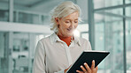 Online, mature woman and tablet in office for business, scroll email or reading news on economy. Digital technology, manager and happy financial advisor on app for investment review, profit or budget
