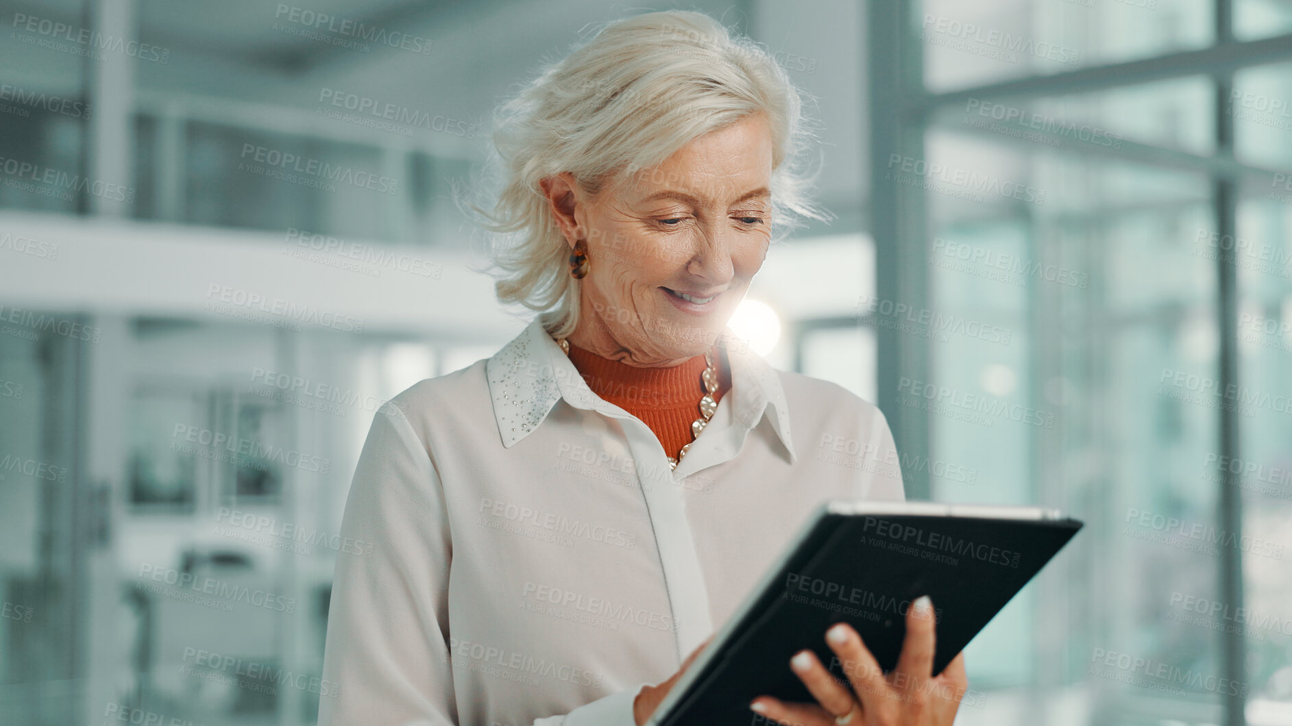 Buy stock photo Online, mature woman and tablet in office for business, scroll email or reading news on economy. Digital technology, manager and happy financial advisor on app for investment review, profit or budget