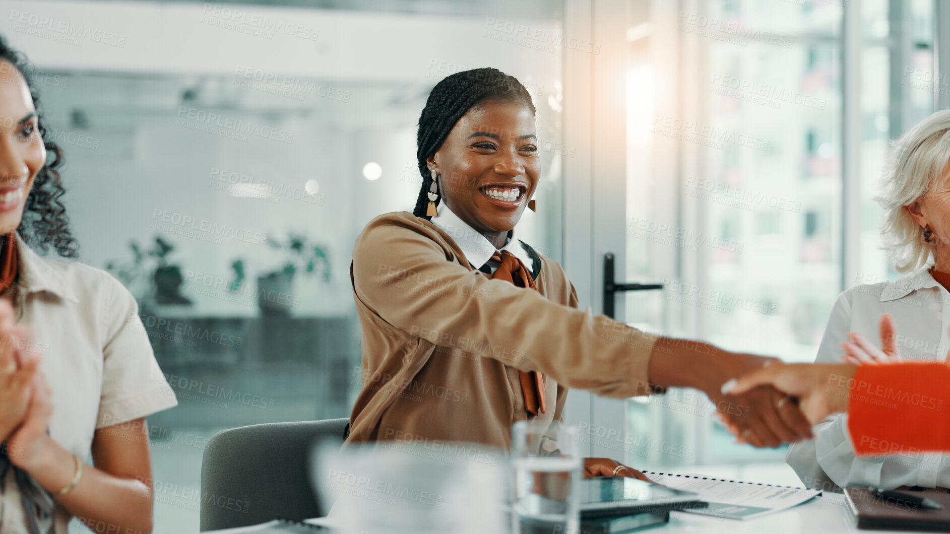 Buy stock photo Welcome, handshake and meeting with business women in office for workshop, success and celebration. Applause, intro and winner with people shaking hands in seminar for agreement, bonus and deal