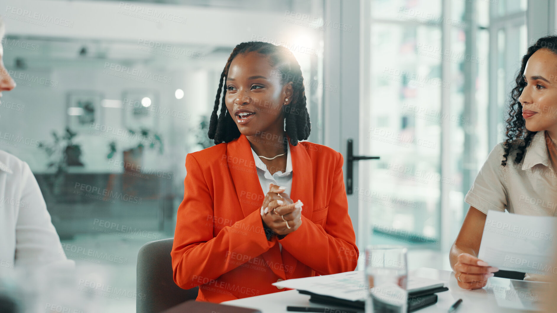 Buy stock photo Agenda, meeting and proposal with business women in boardroom of office for planning or strategy. Collaboration, documents and negotiation with employee team in workplace for feedback or review