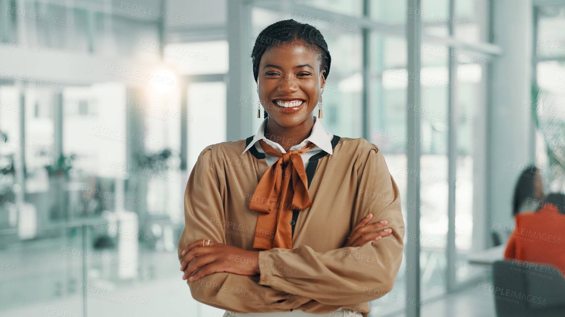 Buy stock photo Happy, crossed arms and portrait of black woman in office with journalism career with growth. Smile, professional and African female copywriter with pride for job development at magazine agency.