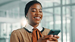 Business, smile and black woman in office, smartphone and social media with connection. African person, magazine editor and employee in workplace, cellphone and email with review and funny with meme