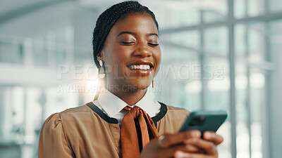 Buy stock photo Business, smile and black woman in office, smartphone and social media with connection. African person, magazine editor and employee in workplace, cellphone and email with review and funny with meme