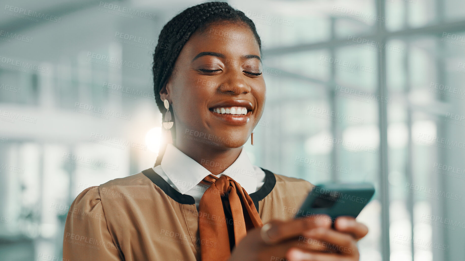Buy stock photo Business, smile and black woman in office, smartphone and social media with connection. African person, magazine editor and employee in workplace, cellphone and email with review and funny with meme