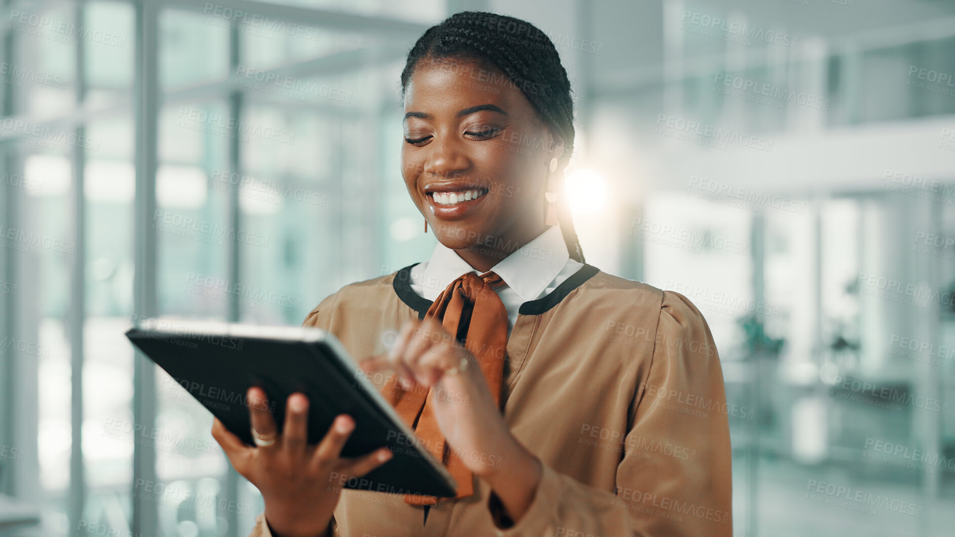 Buy stock photo African woman, business and smile with tablet in office for social media marketer, campaign or ads. Digital technology, scroll and worker research online for promotion on platform in creative startup