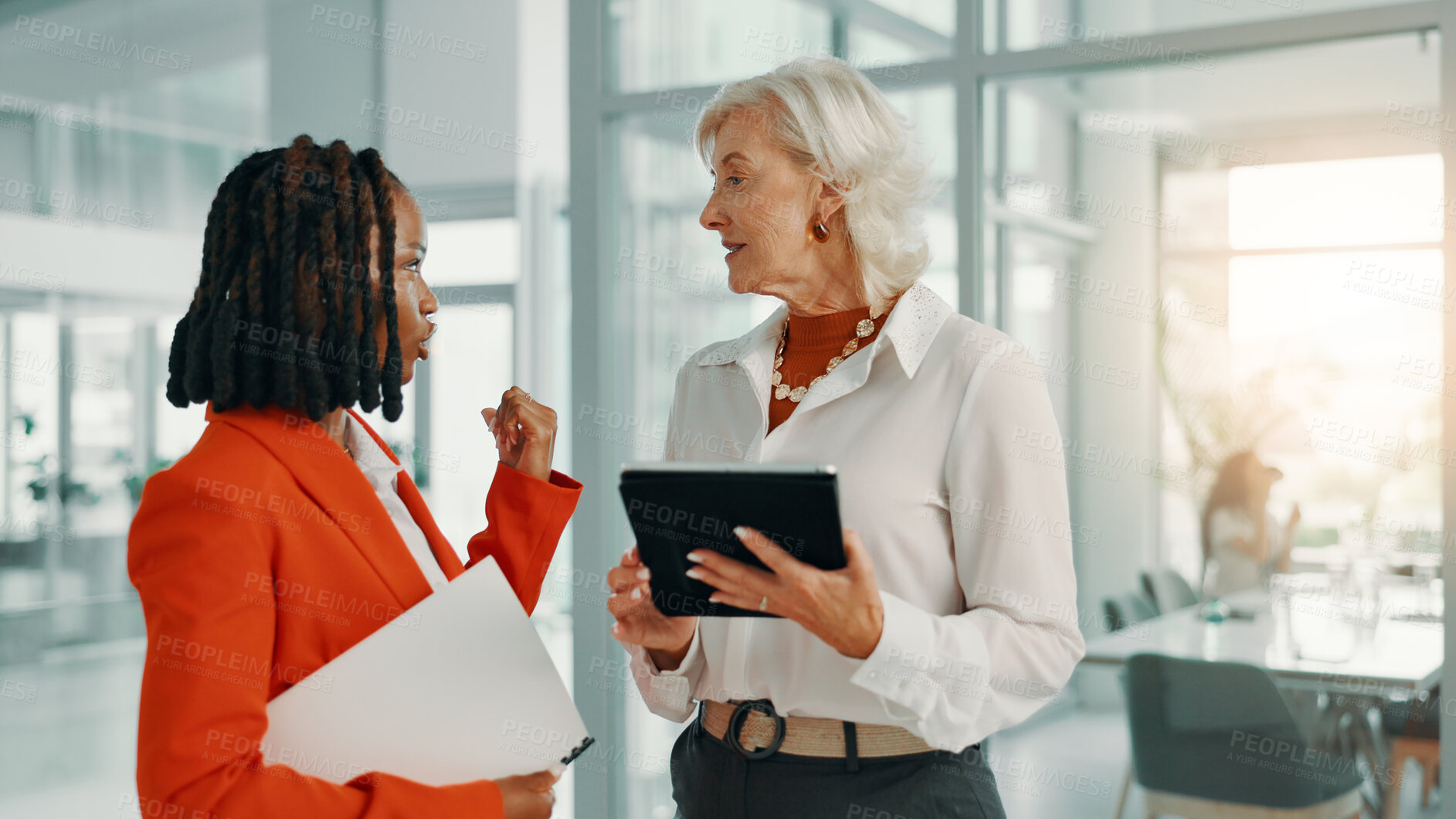 Buy stock photo Business people, tablet and consulting or discussion for advice, online research and internet on tech. Women, collaboration and mentor training with feedback on project management support in office