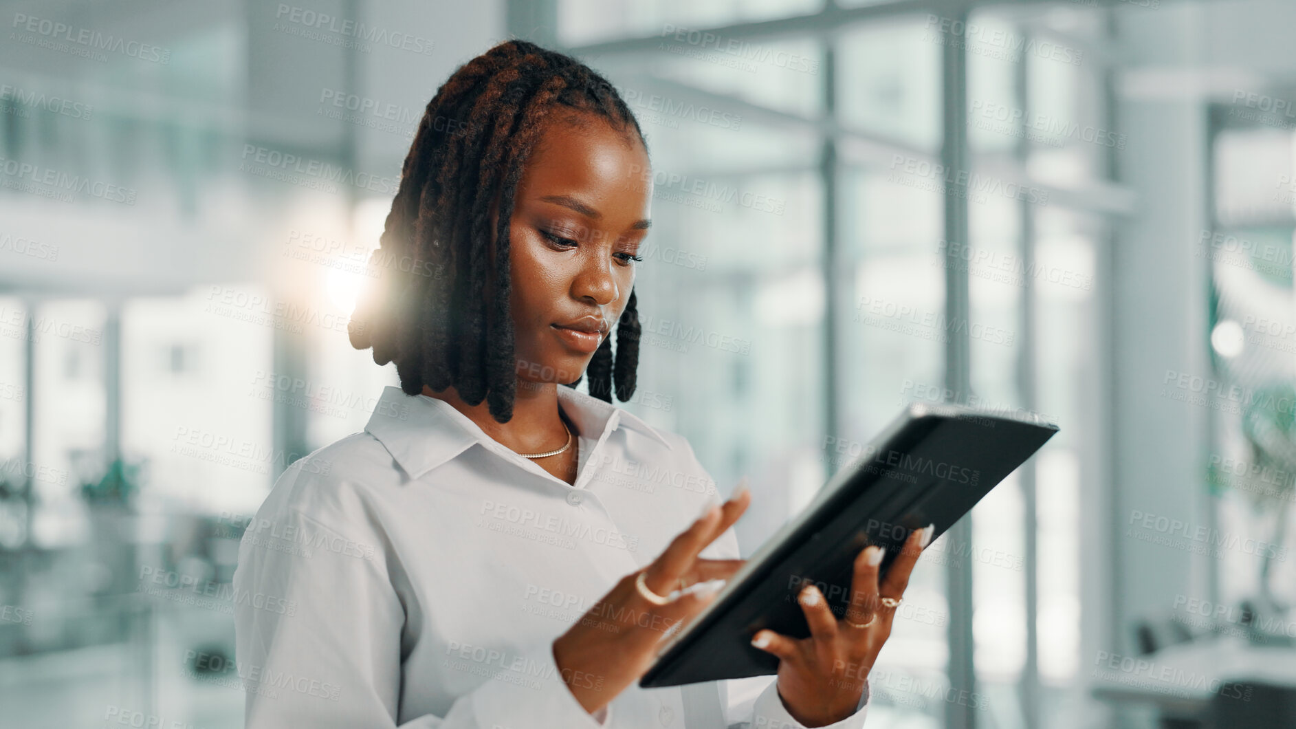 Buy stock photo Scroll, black woman and tablet in office for business, email and reading news on economy. Digital technology, serious and financial advisor on app for investment review, profit and schedule online