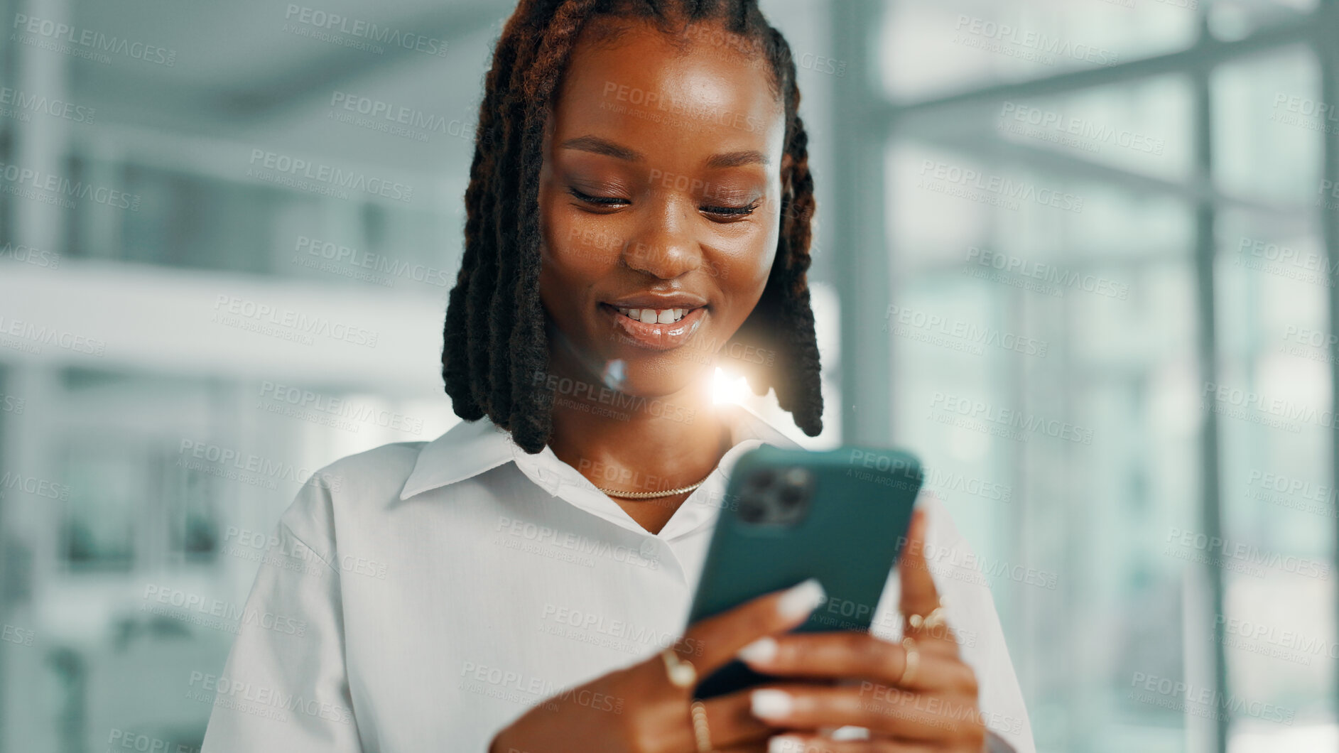Buy stock photo Phone, search and typing with business black woman in office for networking, feedback and virtual advisor. Email newsletter, communication and schedule with female person for contact and chat
