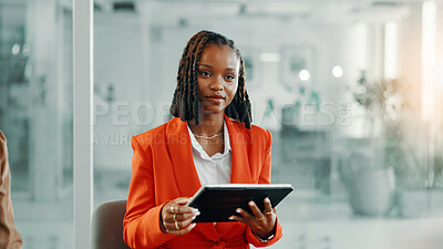 Buy stock photo Business, connection and black woman in office, tablet and email with website info. African person, magazine editor and employee in workplace, tech and confidence with pride, social media and app