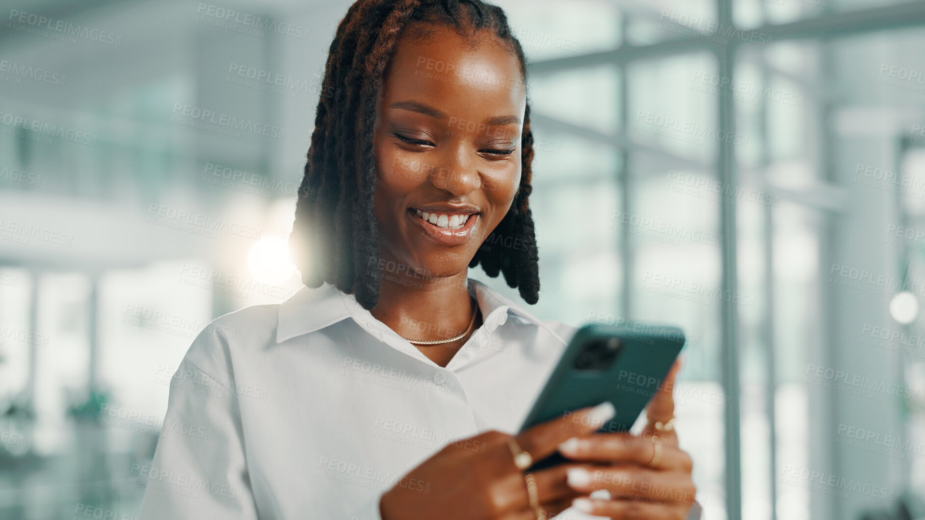 Buy stock photo Phone, online and typing with business black woman in office for networking, feedback and virtual advisor. Email newsletter, communication and schedule with female person for contact and chat