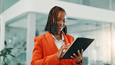 Buy stock photo Office, black woman and smile with tablet for typing, email information and feedback to client. Career, female person and business consultant with tech for research, corporate agency or report review